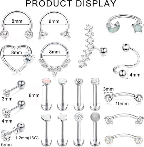 Subiceto 21 Pcs 16G Cartilage Earrings Hoop Studs for Women Men Stainless Steel Forward Labret Helix Piercing Jewelry Lip Ring Rook Daith Conch Tr...