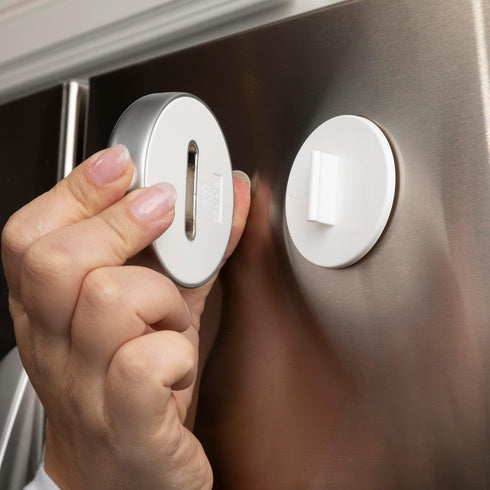 Qdos Safety Adhesive Fridge/Freezer Lock | Chrome | Easy One Handed Operation - Patented ZeroPinch Design - Unique Modern Design Refrigerator Lock...