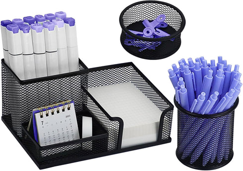 Desk Organizer Caddy, 3 Compartments Pen Holder, Metal Office Supplies Organizer for Office Home School (Black)...