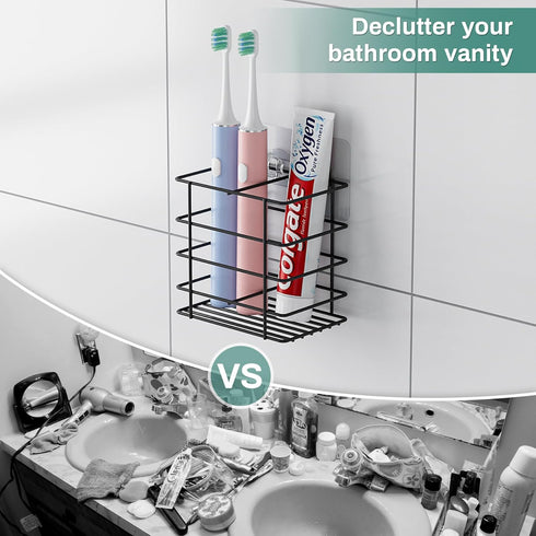 Adhesive Toothbrush Holder Wall Mounted, Suction Toothpaste Organizer Cup for Shower, Razor Holder Caddy Tray Storage Stand with Drainage, Black R...