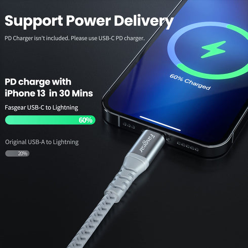 Fasgear USB-C to Lightning Cable 6ft 1 Pack Long MFi Certified Braided USB C to Lightning PD Fast Charger Cord Compatible for iPhone 11 12 13 14 P...