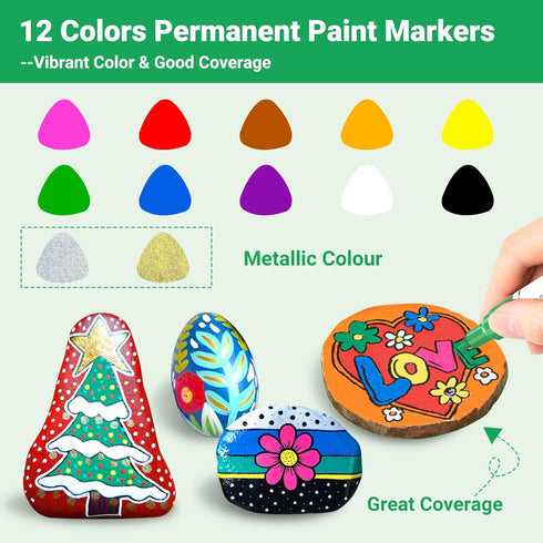 Oil Based Paint Pen, Permanent Paint Marker: Quick-Dry, Waterproof Marker Set of 12 for Rock Painting, Glass, Fabric, Ceramic, Wood, Metal, Mug, P...