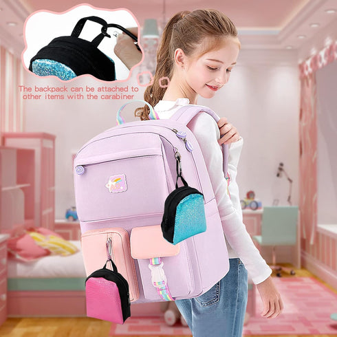 Euclidean Cube 2 Pieces Mini Doll Backpack Toys with 12 Stationery Surprises Inside, Collectible Mini Backpack for Doll with Carabiner, Doll Schoo...