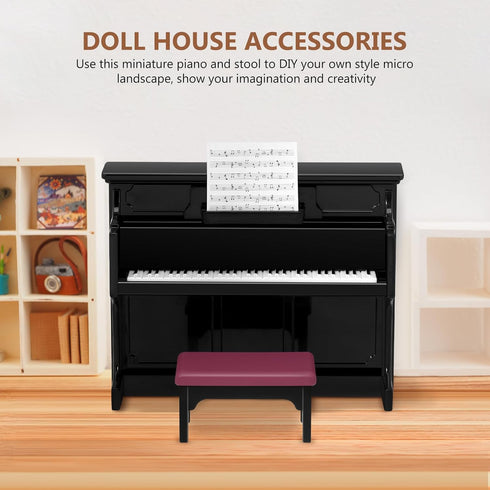Piano Keyboard Toy for Kids Dollhouse Piano Model Miniature Stool Musical Educational Toy for Micro Landscape Fairy Garden Black...