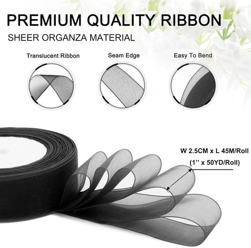 Black Gifts Wrapping Ribbon, 1 inch 50Yard Sheer Organza Ribbon, Chiffon Ribbon for Gifts Wrapping, Hair, Crafts, Flower Bouquet, Wedding, Decorat...