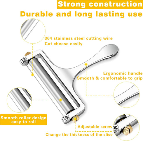 TOPULORS Wire Cheese Slicer Stainless Steel Handheld Cheese Cutter for Mozzarella, Cheddar, Gruyere - with 1 Extra Wire - Adjustable Thickness Che...