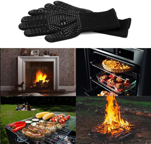 Heat Resistant BBQ Gloves for Hot Temperature Cooking, Barbecue Grilling or Baking Bread Pizza, Safe Oven Mittens with Fingers...