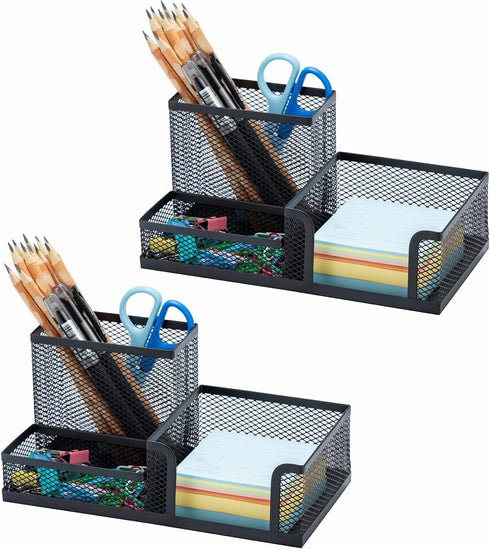 2 Pack Black Pen Holder - Mesh Desk Organizer Office Supplies Caddy with Sticky Notes Holder, 3 Compartments 4 Non-slip Mats Easy Storage Suitable...
