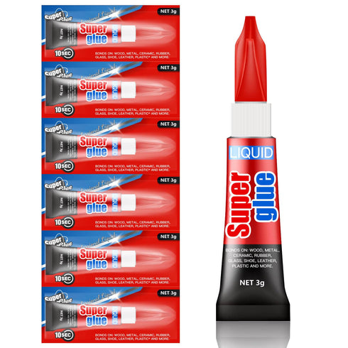Super Glue, 6-Pack Single-Use Tubes 3 Gram Each, Super Fast, Liquid & Strong Adhesive Superglue, Glue for Hard Plastics, DIY Craft, Ceramics, Fram...