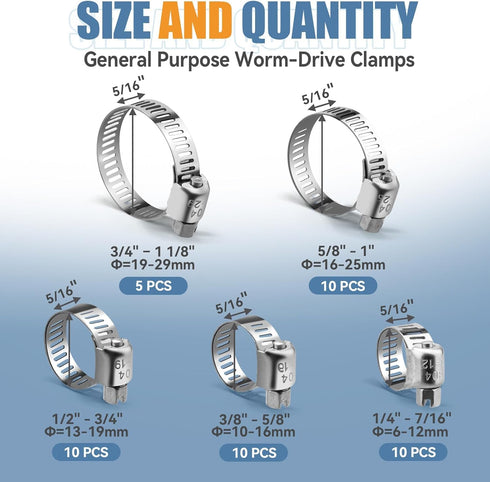 45PCS Hose Clamp Assortment Kit - Stainless Steel Hose Clamps with Worm Gear, Adjustable 1/4'' to 1-1/8'' (6-29mm) for Plumbing, Automotive, and M...