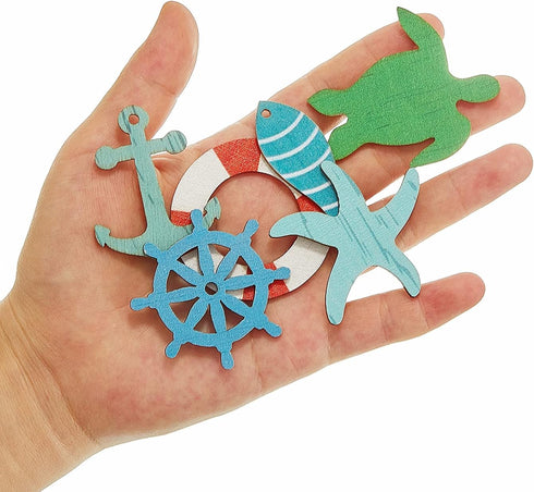Coastal Cruise Ship Miniature Beach Themed Craft Wood Cutout Starfish, Sea Turtle, Sea Ring, Captain Wheel and Fish Small Wood Nautical Marine Cut...