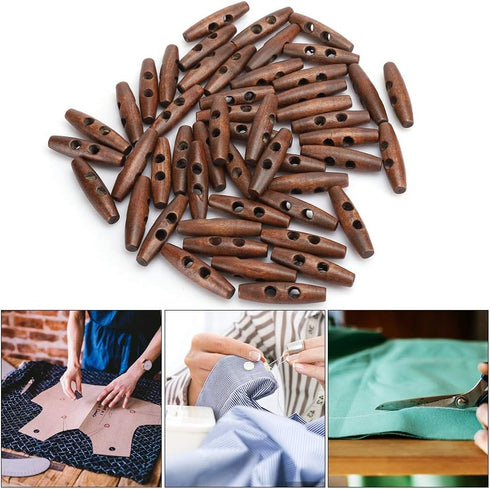 Sewing Wood Toggle Buttons, 50PCS Toggle Buttons, 2 Holes Wood Buttons, Sewing Knitting Buttons, Dark Coffee Wooden Buttons for DIY Coat Clothes A...
