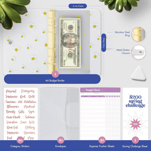 SOUL MAMA PVC A6 Budget Binder with Cash Envelopes for Budgeting - Cute Daisy Yellow Money Organizer for Cash Budget Binder, Clear Budgeting Plann...