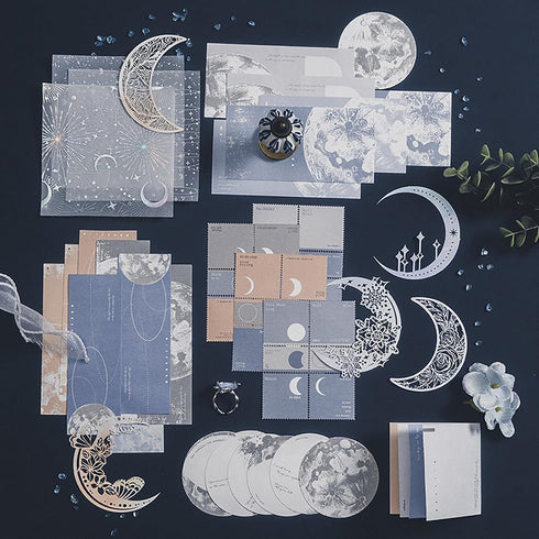 Doraking 63PCS Moon Embellishment Scrapbook Paper Packs for Journaling Supplies, Material Papers Memos Stamps Cards for Journals Planners Aestheti...