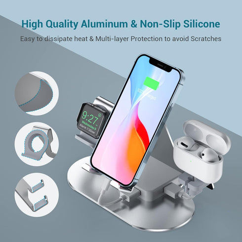 4 in 1 Charging Station for Multiple Devices Apple, Aluminum Apple Watch Charger Stand for iWatch Series, iPhone 14/13/12/11/X/8/7/6, iPad,Airpods...