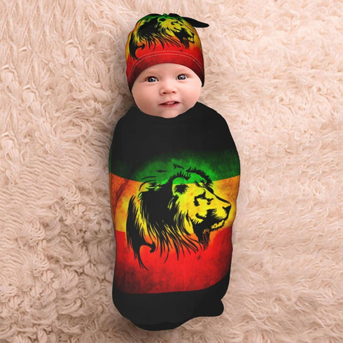 Baby Newborn Swaddle Blanket with Beanie Hat- Jamaican Lion Flag Pattern Receiving Blanket Sleep Sack for Girls Boys Infant Gifts...