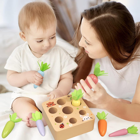 KMTJT Montessori Toys for 1 2 3 Year Old Toddlers, Macron Carrot Harvest Game Wooden Toys for Baby Boys and Girls, Educational Learning Shape Sort...