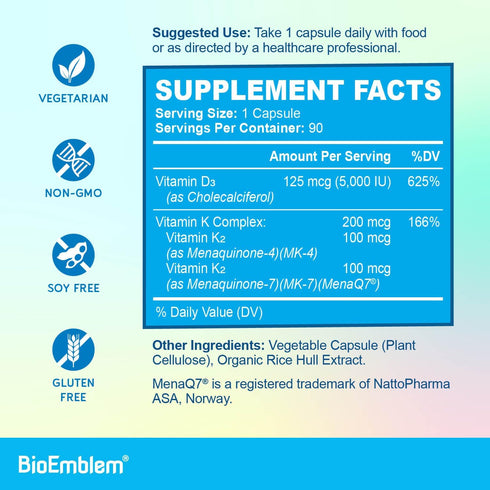BioEmblem Vitamin D3 K2 Capsules (5000IU and 200mcg) - Patented MK7 and MK4 for 3-in-1 Complex Support - Vegetarian Vitamin D K2 Supplement for Te...