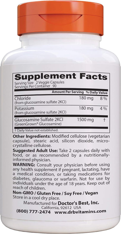 Doctor's Best Vegan Glucosamine Sulfate, Joint Support, Non-GMO, Vegan, Gluten Free, Soy Free, 750 mg 180 Veggie Caps (Pack of 1)...