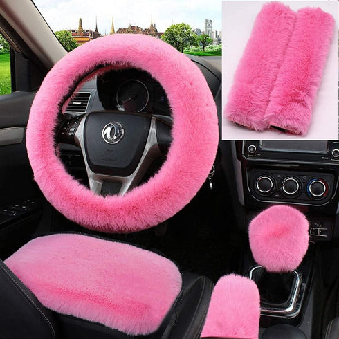 Pinbola 6pcs/Set Soft Fluffy Faux Wool Steering Wheel Cover & Seatbelt Shoulder Pads & Handbrake Cover & Gear Shift Cover Winter Warm Universal Fi...