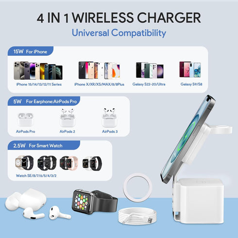 4 in 1 Magnetic Wireless Charging Station - 15W Fast Phone Charger Stand, Blue-Tooth Speaker, Phone and Watch Charger Station for iPhone 15 14 13 ...