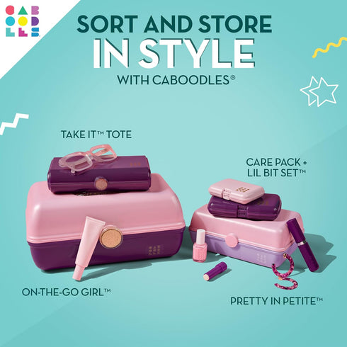 Caboodles Pretty in Petite Makeup Box, Two-Tone White on White, Hard Plastic Organizer Box, 2 Swivel Trays, Fashion Mirror, Secure Latch for Safe ...