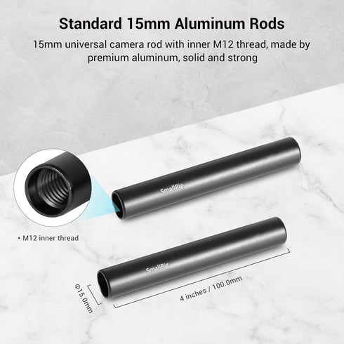 SmallRig 4 Inches (10 cm) Black Aluminum Alloy 15mm Rod with M12 Female Thread, Pack of 2-1049...