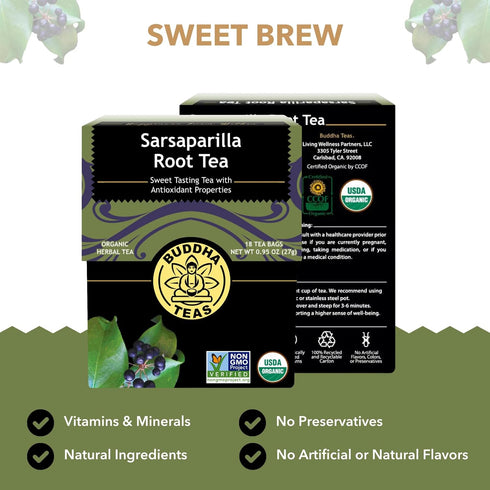 Buddha Teas - Organic Sarsaparilla Root Tea - Herbal Tea - Digestion & Skin Health - With Antioxidants & Minerals - Clean Ingredients - Caffeine F...