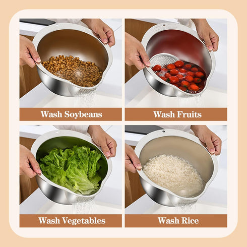 Rice Washer Strainer Bowl - 4-in-1 Washing Bowl for Quinoa, Stainless Steel Rinser With Side Drainers Small Colander for Cleaning Fruits, Vegetabl...