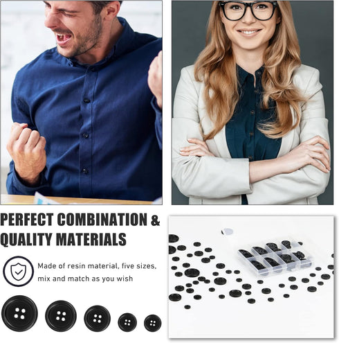 100 Pcs Black Resin Sewing Buttons, 4-Hole Craft Suit Coat Shirt Buttons, 5 Sizes, Round Mixed, with Compartment Storage Box, Suitable for Sewing,...