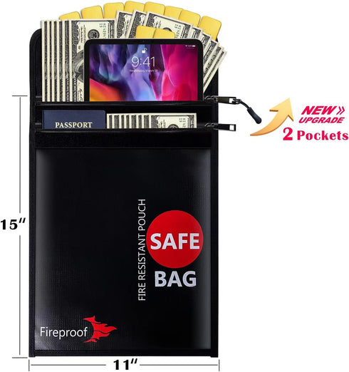 Fireproof Document Bag Upgraded 2 Pockets (2000 ?)15 x 11 Inches Silicone Coated Fireproof and Waterproof Money Bag Fireproof Safe Storage for Mon...