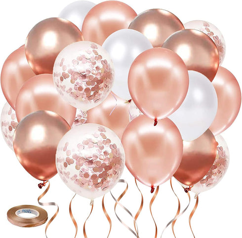 Rose Gold Confetti Balloons, 50pcs 12 Inch Metallic Confetti White and Rose Gold Latex Balloons with 33 Feet String for Birthday Party Wedding Ann...