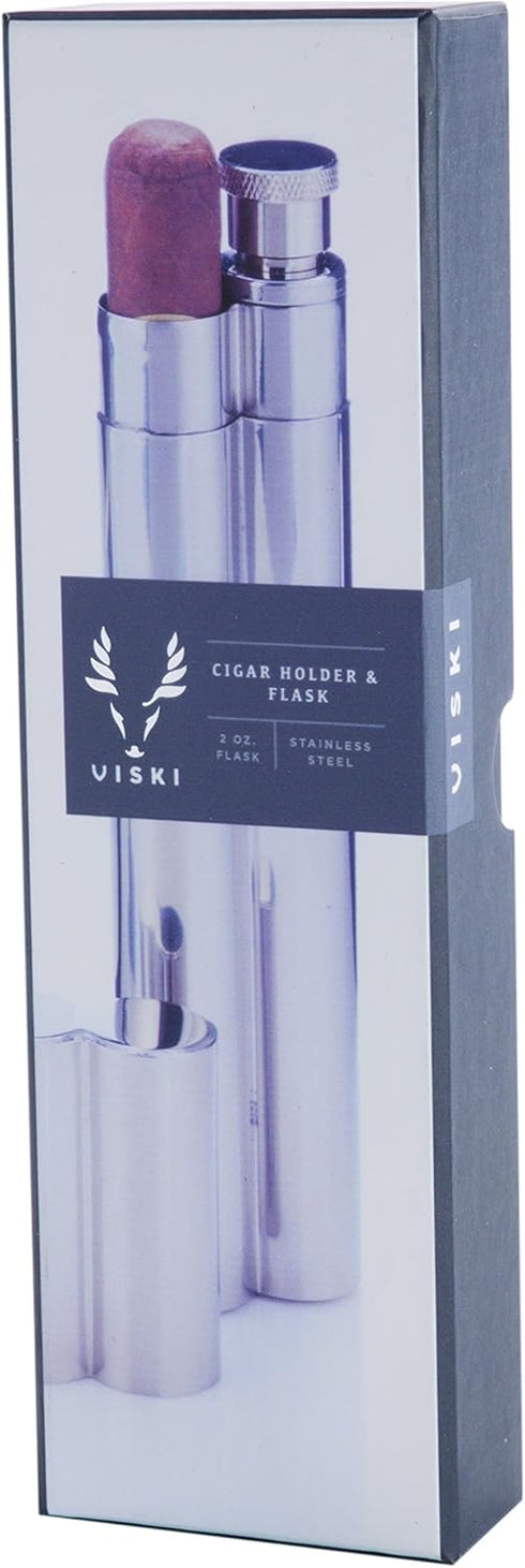 Viski Stainless Steel Cigar Holder with 2 oz Liquor Flask, Slim & Elegant Single Cigar Case with Pocket Flask for Men, Perfect for Whiskey, Bourbo...