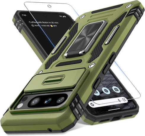 DEERLAMN for Google Pixel 8 Pro Case with Slide Camera Cover+Screen Protector (1 Pack), Rotated Ring Kickstand Military Grade Shockproof Heavy Dut...
