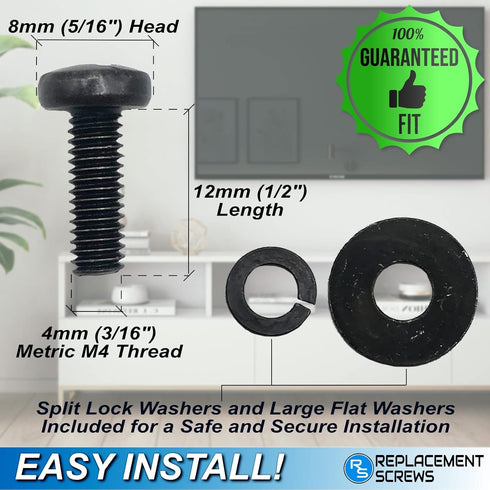 ReplacementScrews VESA Compatible M4 12mm TV/Monitor Wall Mount Screws for 75x75mm and 100x100mm Brackets. Metric Screws & Washers for Mounting An...