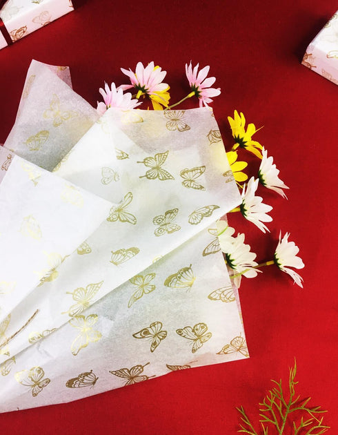 Bzumoot 50 Sheets Large Tissue Paper for Gift Bags 20 * 28 Inches White Metallic Gold Wrapping Gift Paper Butterfly Pattern Gift Wrapping Paper fo...