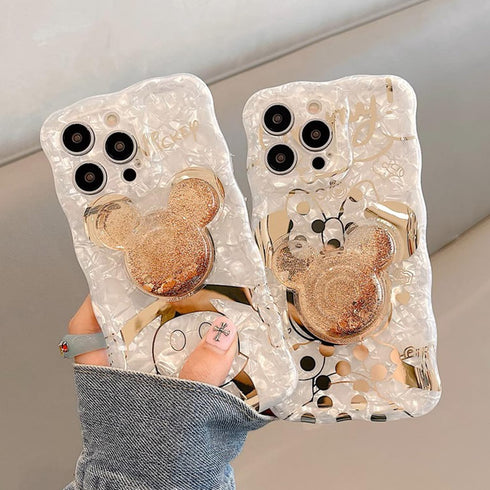 Cartoon Case for iPhone 13 Pro Max, Cute Mickey Mouse Shinny Gold Plating Curly Wave Frame with Quicksand Cell Phone Holder Strap for Woman Girls ...