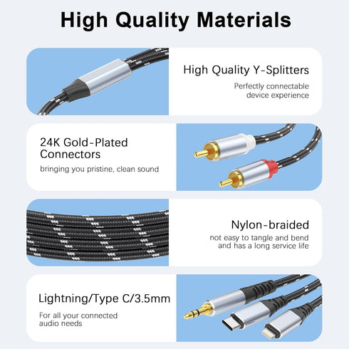 3.5mm to RCA Cable, Lightning to RCA Male to Aux Audio Adapter HiFi Sound Headphone Jack Adapter,(3 in 1 Audio Cable) Connector for iPhone/iPad Sp...