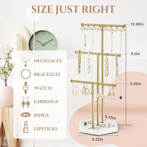 Pinzoveco Jewelry Organizer, 3 Tier Jewelry Holder Organizer with Tray, Jewelry Tree with Earring Organizer, 16 Hooks Necklace Holder, Bracelet Or...