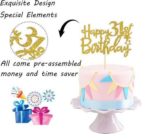 Gold Glitter Happy 31st Birthday Cake Topper - 31 Sign Cake Topper - Cheers to 31 Years Party Supplies - 31st Birthday Party Decoration...