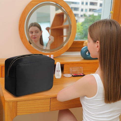 Travel Essentials Extral Large Makeup Bag Travel Cosmetic Pouch Toiletry Bag for Women Men Nylon Bathroom Bag with Zipper Pocket (Black,XL)...