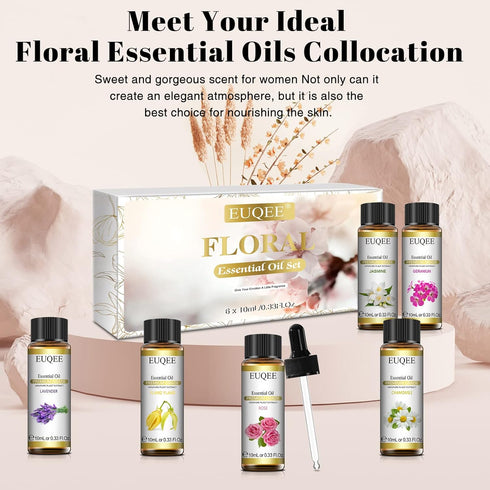 Floral Essential Oils Set of 6 Pure Essential Oil Gift Set for Diffusers, Soap & Candle Making - Lavender, Rose, Ylang Ylang, Jasmine, Geranium, C...