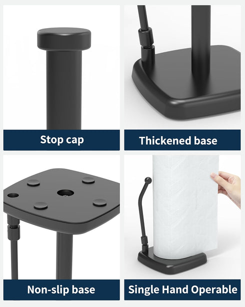 Paper Towel Holder Countertop Black, Paper Towel Dispenser Standing Weighted Base Non-Slip, Spring Arm Fit Most Size Paper Roll, Stainless Steel P...