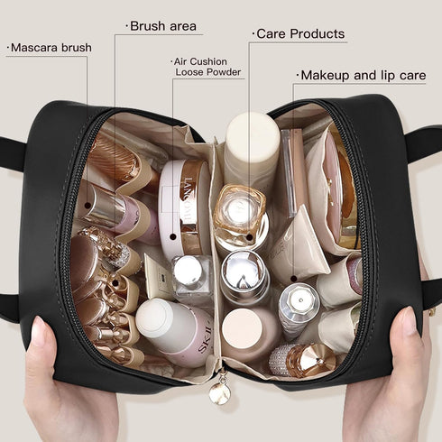 Travel Makeup Bag,Small Cosmetic Bags,Mini Toiletry Bag with Zipper,Leather Make Up Case, Accessories with Divider, Suitcases for Women (black)...