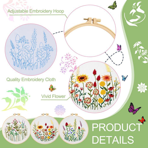 Elecrelive 3 Sets Embroidery Starter Kits for Adults Beginners with Flower Stamped Pattern & 1 Embroidery Hoop & & Fabric & Threads & Needles Hand...