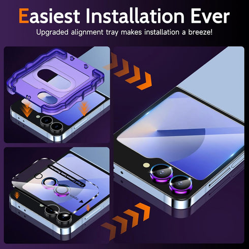 YWXTW EZ Alignment for Samsung Galaxy Z Flip 6 Screen Protector, 2 PCS Front Tempered Glass Cover Screen Protector+1 Set Camera Lens Protector, Bu...