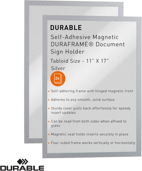 Durable Duraframe Self-Adhesive Magnetic Frame Silver - Tabloid Size 11" x 17" - Document Frame for Internal Signage - Self-Adhesive Attachment - ...