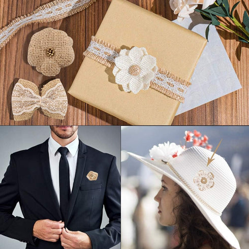 30PCS Burlap Hessian Flowers Set, Include 24 Burlap Flowers and Bowknots, 5 Lace Burlap Ribbon Rolls,1 Twine Ribbon and Glue Point for Wedding Par...
