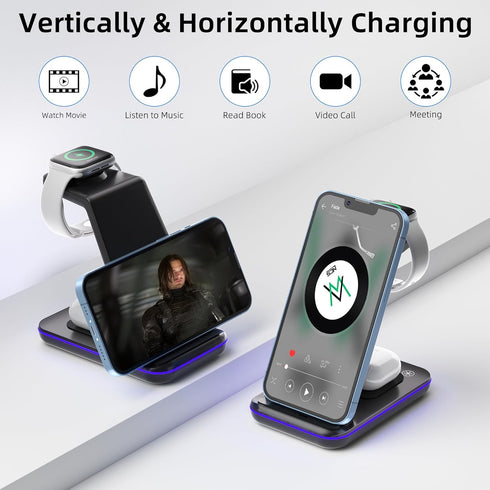 Wireless Charging Station, 3 in 1 Fast Wireless Charger for iPhone 15/14/13/12/11 Series/SE/XS/XS Max/XR/X/8/8 Plus, Charging Stand for Apple Watc...