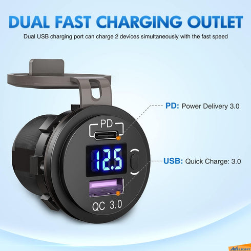 Nilight Quick Charge Socket PD Type C and QC 3.0 USB Fast Charge 12V 24V Car Outlet Voltmeter ON OFF Switch Fused Wire Kit Dual USB Charger Socket...